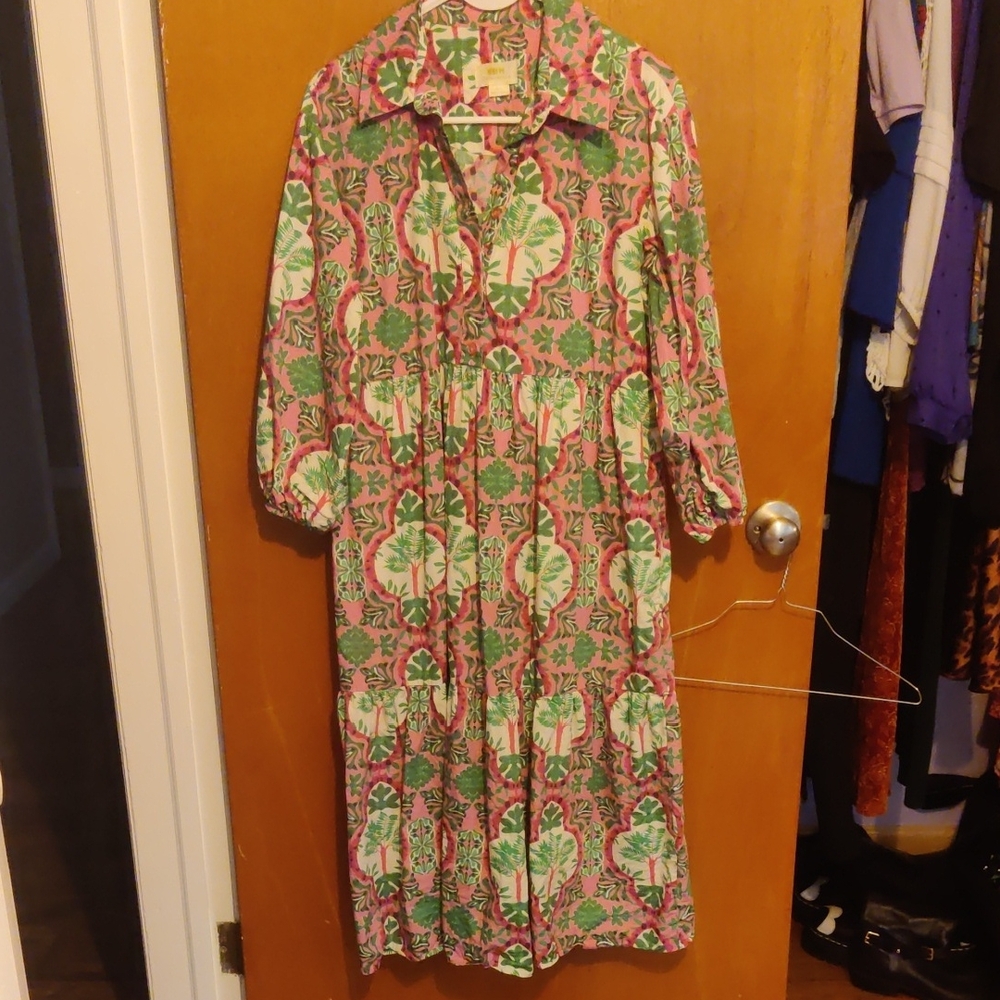 Anthropologie Green and Pink Long Sleeve Dress